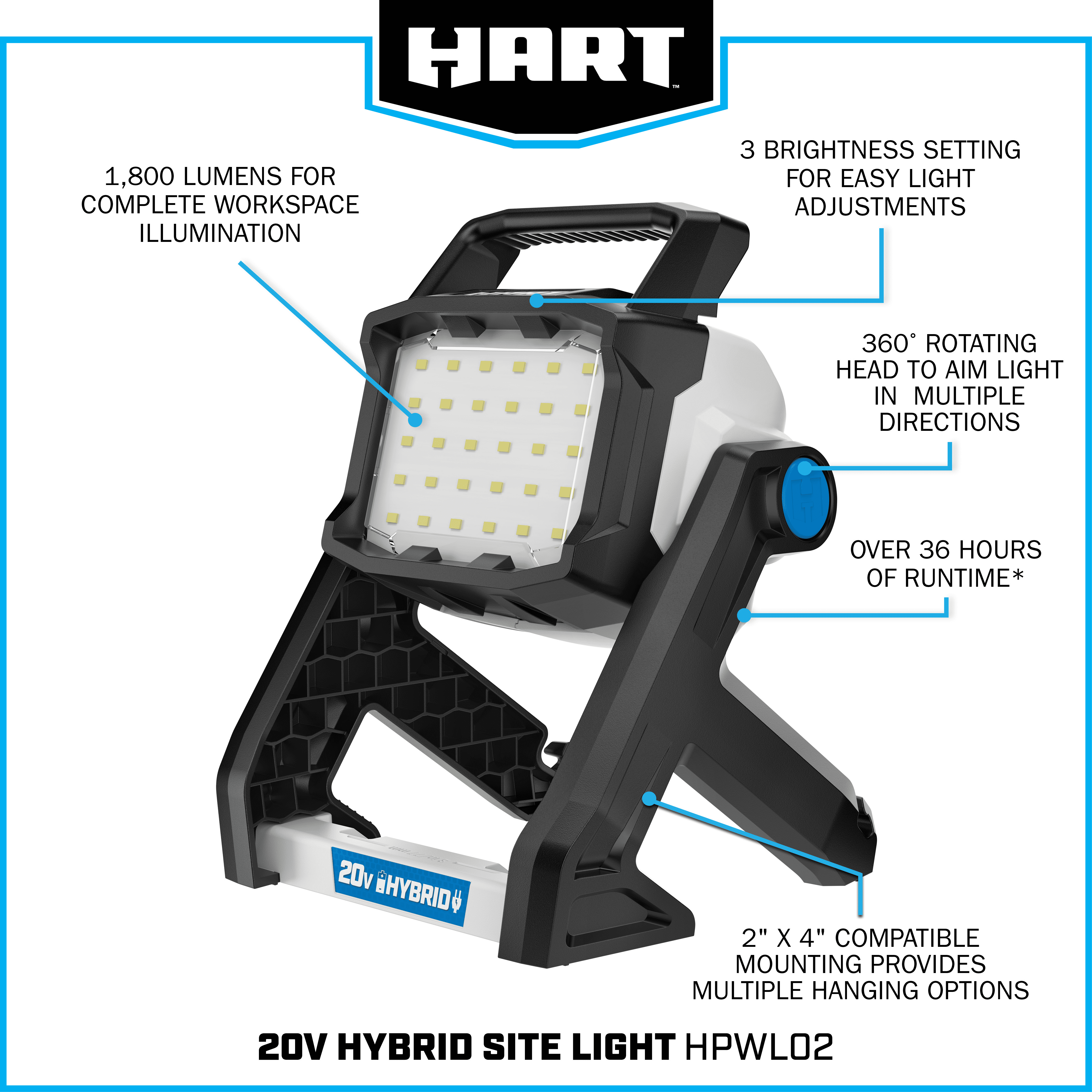 HART 20-Volt Hybrid LED Site Light, 1,800 Lumens (Battery Not Included)