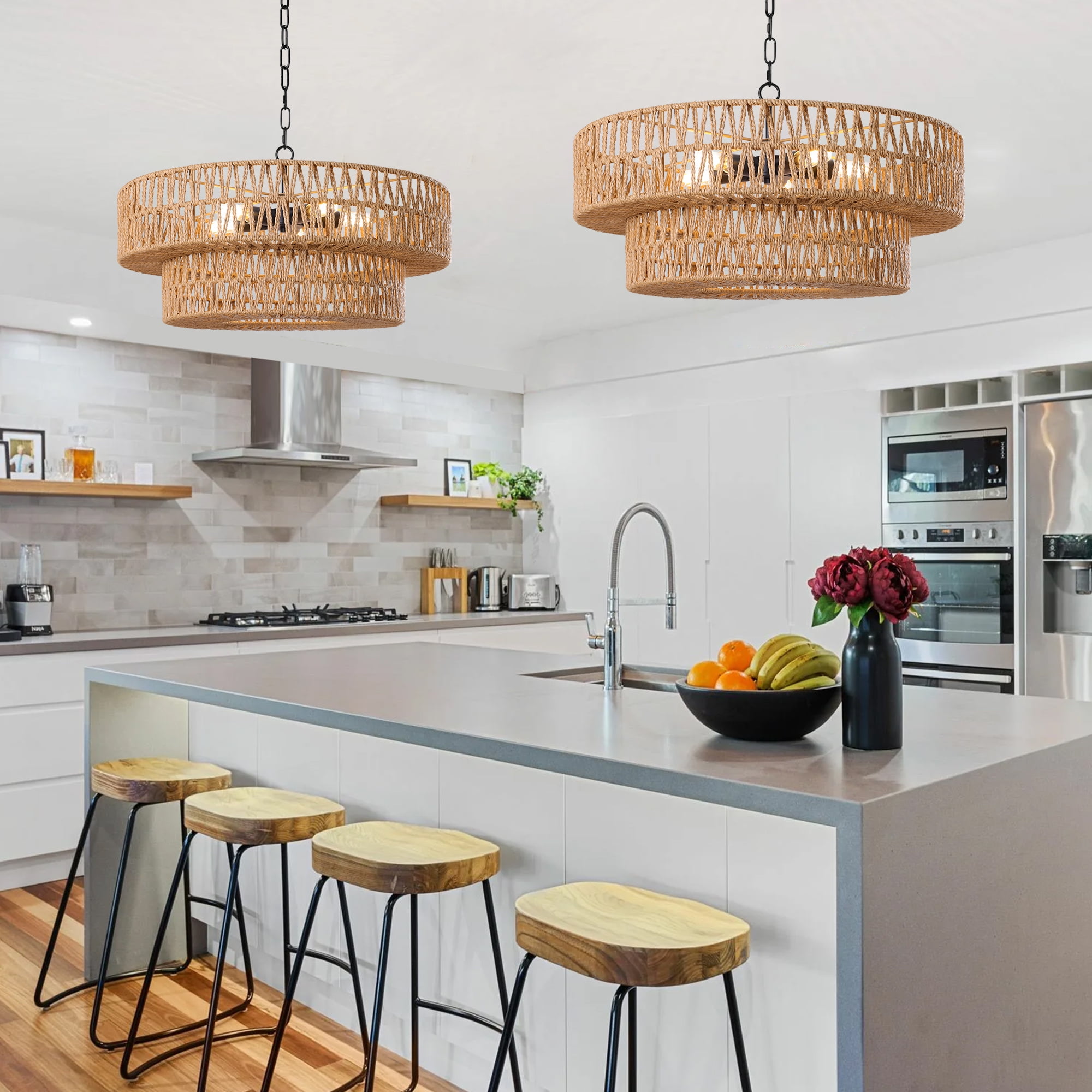 22"Farmhouse Hand-Woven Rattan Chandeliers for Dining Room 5-Light Boho Chandelier with Hand Woven Wicker Shade 3-Tier Large Rattan Pendant Lights Ceiling Hanging Lighting Kitchen Island