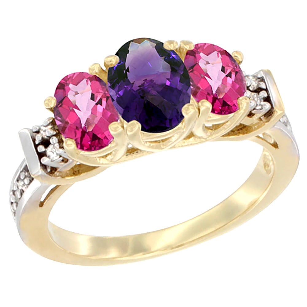 10K Yellow Gold Natural Amethyst & Pink Topaz Ring 3-Stone Oval Diamond Accent by WorldJewels
