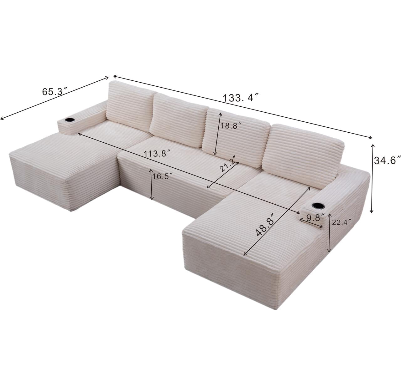134" Compressible U Shaped Modular Sectional Sofa Set, Minimalist Corduroy Cloud Couch for Living Room, No Assembly Required
