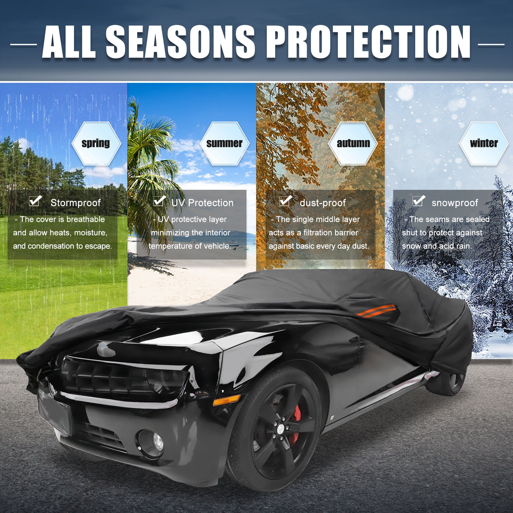 Unique Bargains Full Car Cover with Door Black for Chevy Camaro 2010-2021 195"x75"x49"