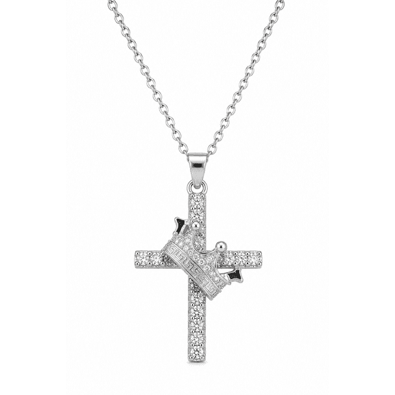 Silver Crown Cross Pendant Necklace Stainless Steel Adjustable