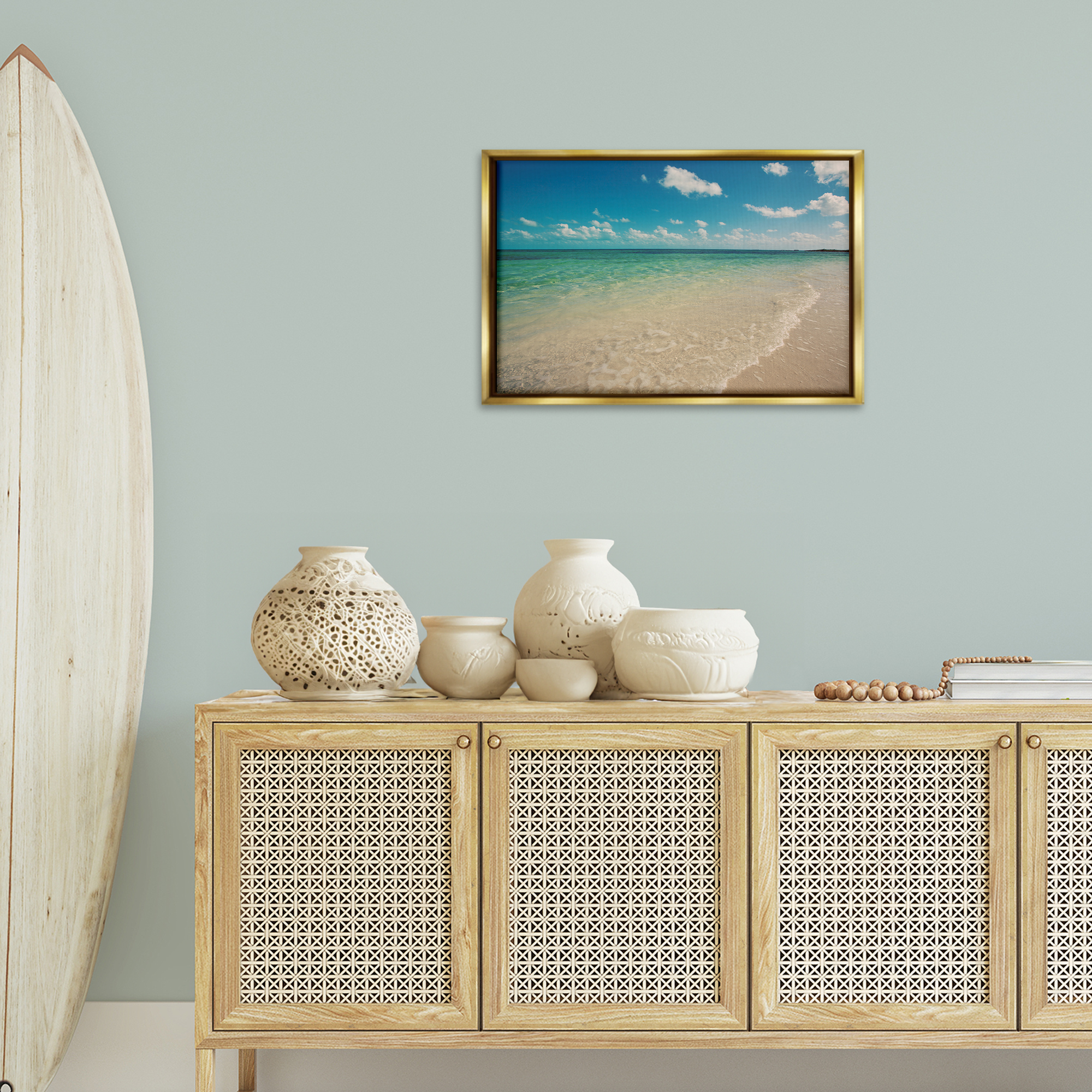 Stupell Industries Tranquil Coast Shore Coastal Photography Gold Floater Framed Canvas Art Print Wall Art, 25 x 17