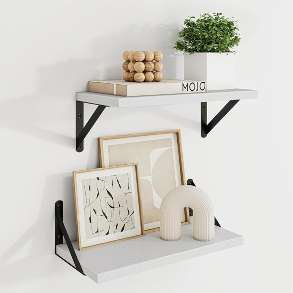 Dreamland Étagères Flottantes Blanches pour Mur, 16W x 8D Étagères Murales Ensemble de 2, Étagères Flottantes Chambre avec Supports Métalliques Robustes pour Salon, Salle de Bain et Cuisine