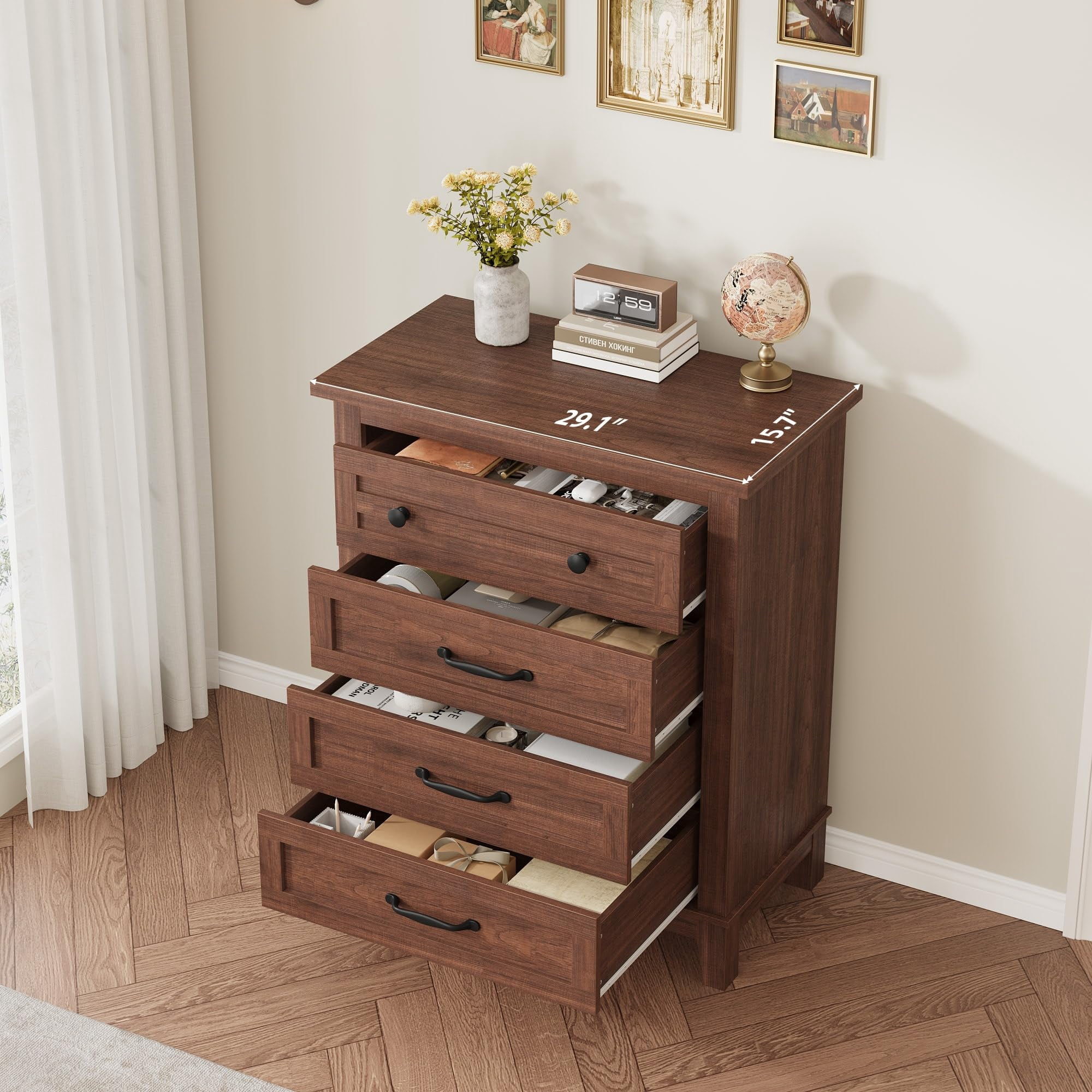 Dresser for Bedroom, 4-Drawer Chest of Drawers, Wooden Storage Dresser with Large Drawers for Living Room, Brown