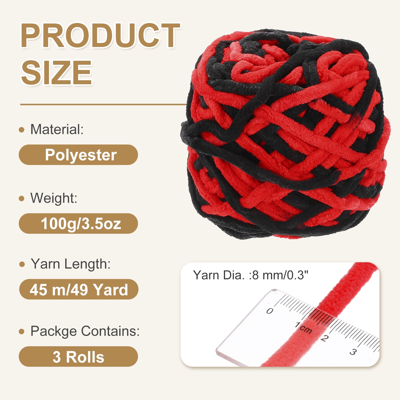 Uxcell 3 Pcs Blanket Yarn, 49 Yards Fluffy Velvet Plush Bulky Thick Chenille Chunky Yarn for Soft Velvet Blanket Shawl Scarf Crochet Hand Knitted Crafts, Black-Red