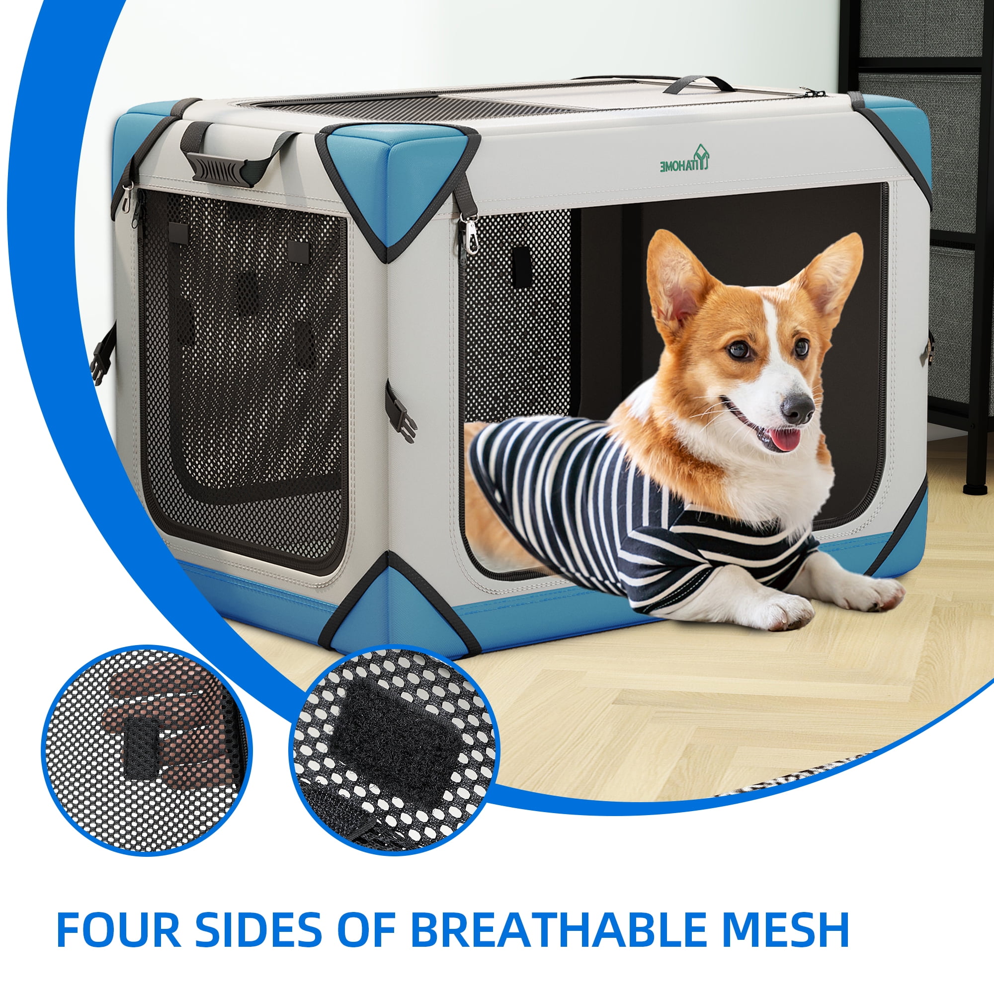 Dextrus Portable Dog Travel Crate, Large Collapsible Pet Carrier with 4 Doors and Sturdy Mesh Windows, Soft Dog Kennel for Indoor and Outdoor Use(20" L x 13" W x 15" H)