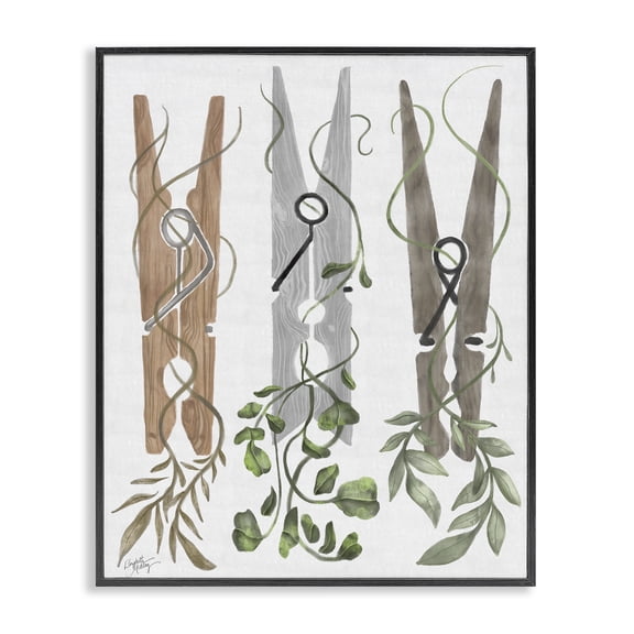 Stupell Industries Farmhouse Ivy Wrapped Clothespins Black Framed Giclee Art, 11 x 14, by Elizabeth Medley