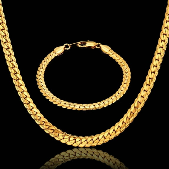 Punk Flat Snake Link Chain Set Male 14K Yellow Gold Necklace Bracelet Set For Men Vintage Jewelry Sets