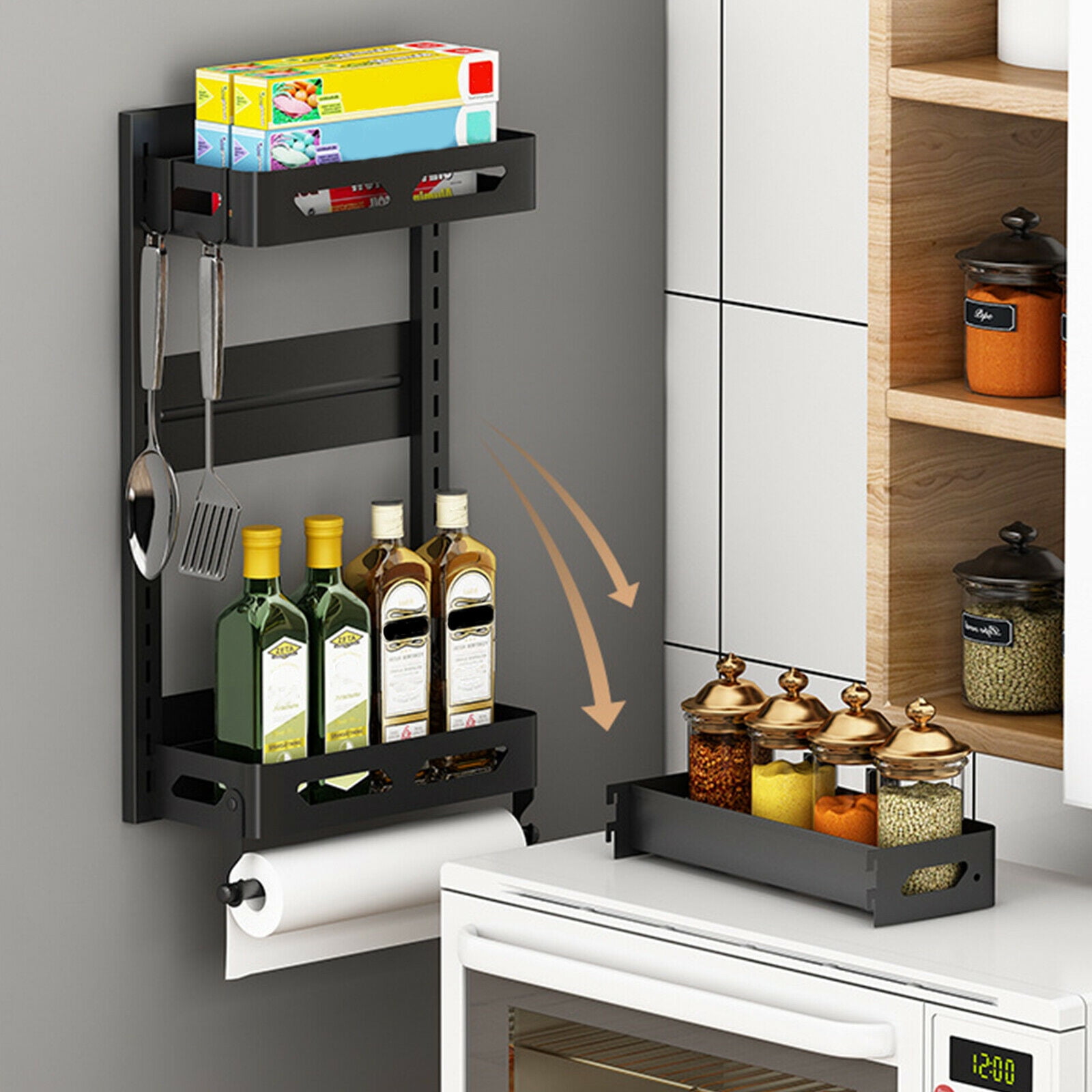 DENEST 3 Tier Spice Rack Organizer Magnetic Refrigerator Storage Shelf with Paper Holder