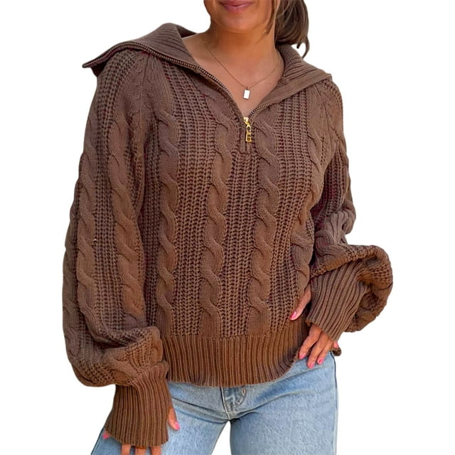 Gupgi Sweaters for Women Trendy Zip Up Long Sleeve Solid Color Sweater Tops Fall Lapel Cable Knit Pullover