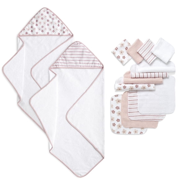 Dream On Me Baby 2 Piece Hooded Towels & 12 - Piece Washcloth Set in Blush Pink Floral