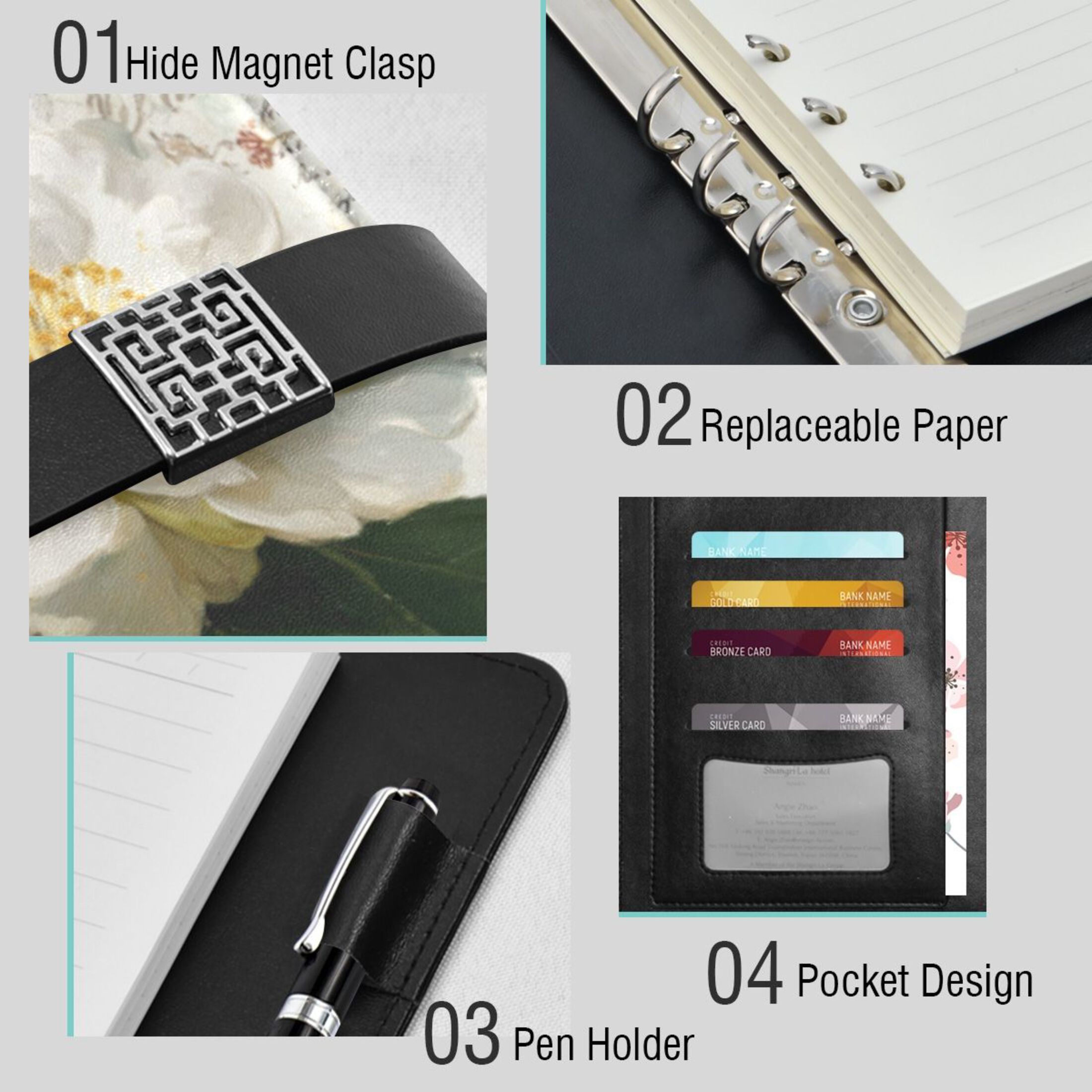 9.2x6.7 inch Leather Notebook 100 Sheets, Multi-Pocket Design & Pen Loop Vintage White Camellias Refillable Journal Organizer