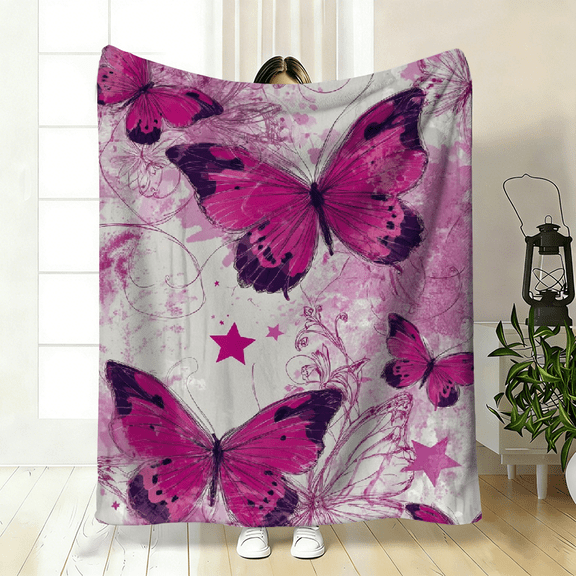 1pc 2D Flat Printing Spring And Summer New Arrival Pink Butterfly Print Flannel Blanket, 100 Fiber High-Definition Digital Print, All-Season Use, Nap Blanket, Perfect Gift for Family And Friends!