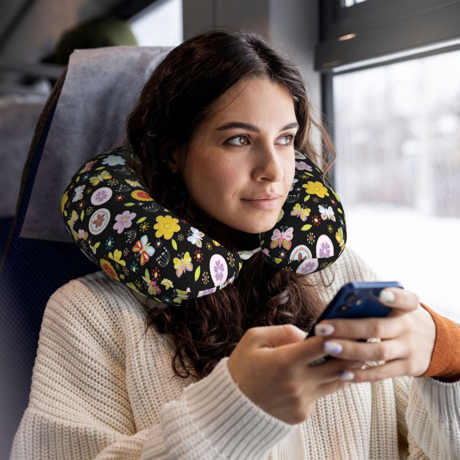Xecao Flower Butterfly Print Memory Foam Cervical Neck Pillow Versatile U-Shaped Pillows for Home,Office,Camping,Travelling,Soft Washable Cover