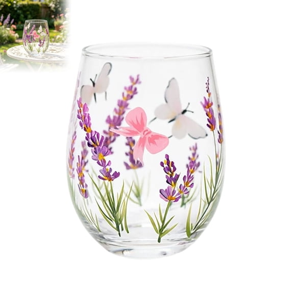 IAJFHAFS Stemless Wine Glass 15oz Hand Floral Tumbler Clear Cup For Water Juice Cocktail
