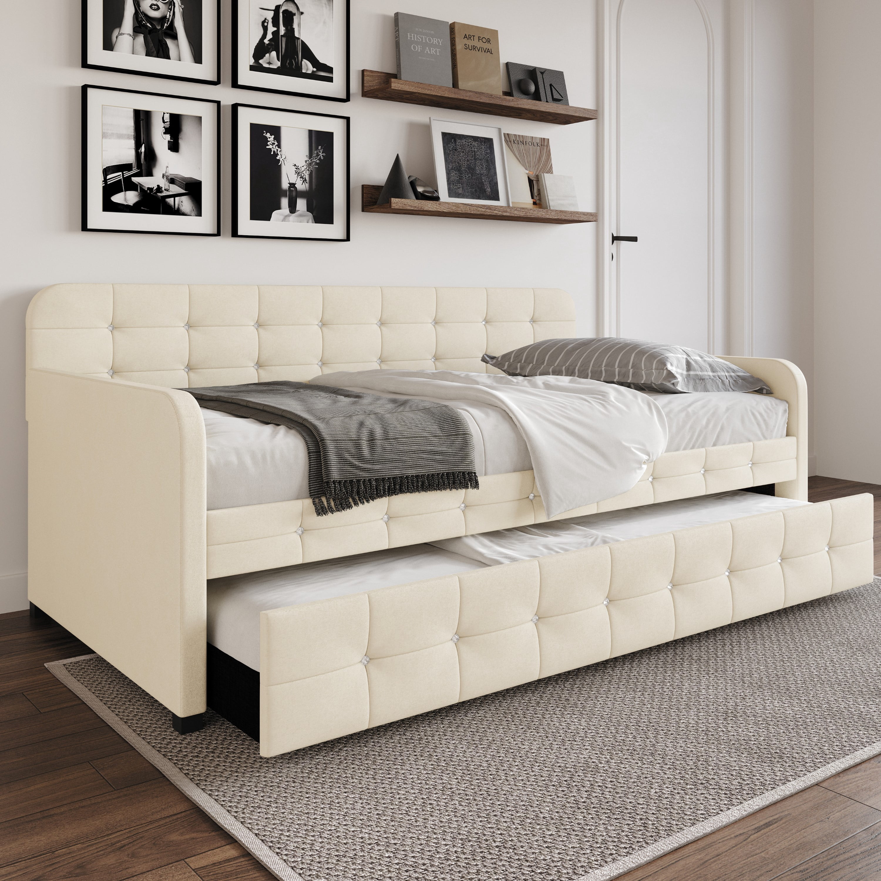 Home Design Elyria Twin Daybed with Velvet Upholstery, Diamond Button Tufting, Rounded Arms, Pull-Out Trundle, Solid Wood Frame, Stylish Seating and Sleeping, Beige