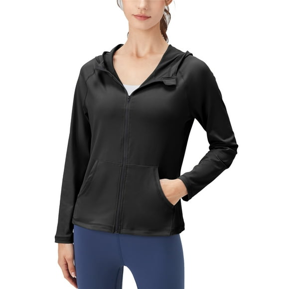 Graflsoa Women's Lightweight Hooded Running Jacket, Slim Fit Quick-Dry Yoga Coat, Stretchy Gym Wear for Autumn & Winter, XL Black, European Size