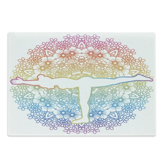 Yoga Cutting Board, Woman Doing Warrior 3 Pose Virabhadrasana on Mandala Inspired Floral Backdrop Balance, Decorative Tempered Glass Cutting and Serving Board, Large Size, Multicolor, by Ambesonne