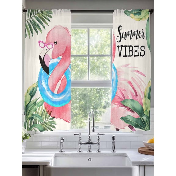 Summer Pink Flamingo Sheer Curtains for Living Room Bedroom Beach Tropical Palm Leaves Sheer Curtains 63 Inch Long 2 Panels Set Light Filtering Curtain Window Treatments Drapes for Dining Room