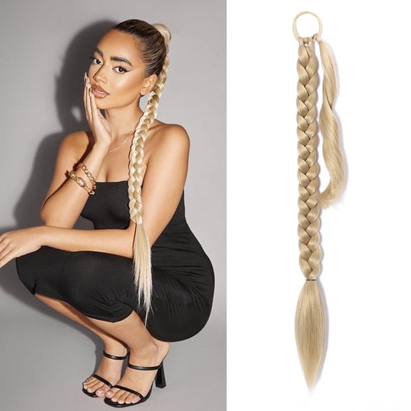 Blonde Ponytail Extension with Hair Tie, Braided Ponytail Extension for Women Long Straight Hair 32 inch Synthetic Hair Pieces Sleek Wrap Around Hair Extensions Braids Hair Pony tail 24#