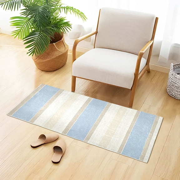 Blue Beige Vertical Stripes Plush Carpet Non Slip Runner Rug Absorbent Bath Mat 39" x 20"