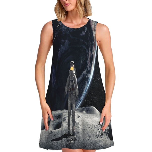 Fotbe Astronaut Standing In The Moon Vestido de Verano sin Mangas para Mujer – Vestido Midi Línea A, Estilo Camiseta Floral, Vestido Playero Casual y Fluido