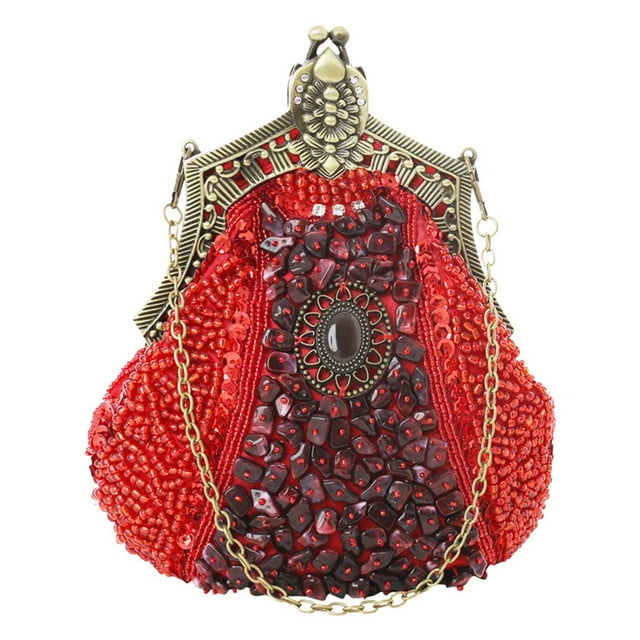 Guardurnaity Bolso de mano de fiesta con bordado de cuentas antiguas para mujer, bolso de mano de fiesta vintage, bolso de noche con lentejuelas, Bolsas de mensajero y de hombro rojo