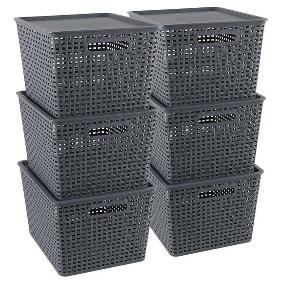 Ggbin 6-Pack Large Plastic Weave Storage Basket with Lid, Grey Storage Basket Bins