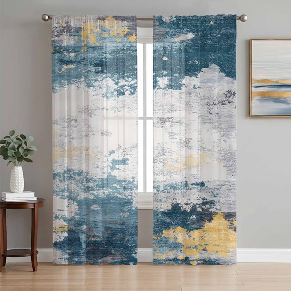 Sheer Curtains 108 Inches Long 2 Panels Set for Living Room, Blue Grey Vintage Semi Sheer Curtains for Windows, Abstract Retro Art Voile Window Treatments Rod Pocket Curtain