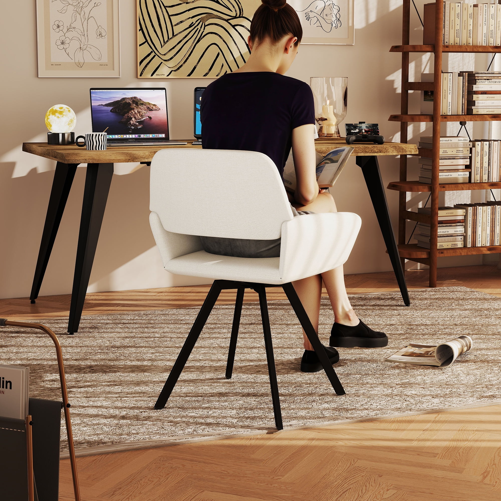 Lot de 2 chaises de bureau rembourrées Homy Casa avec base pivotante et accoudoirs pour bureau à domicile moderne, tissu beige