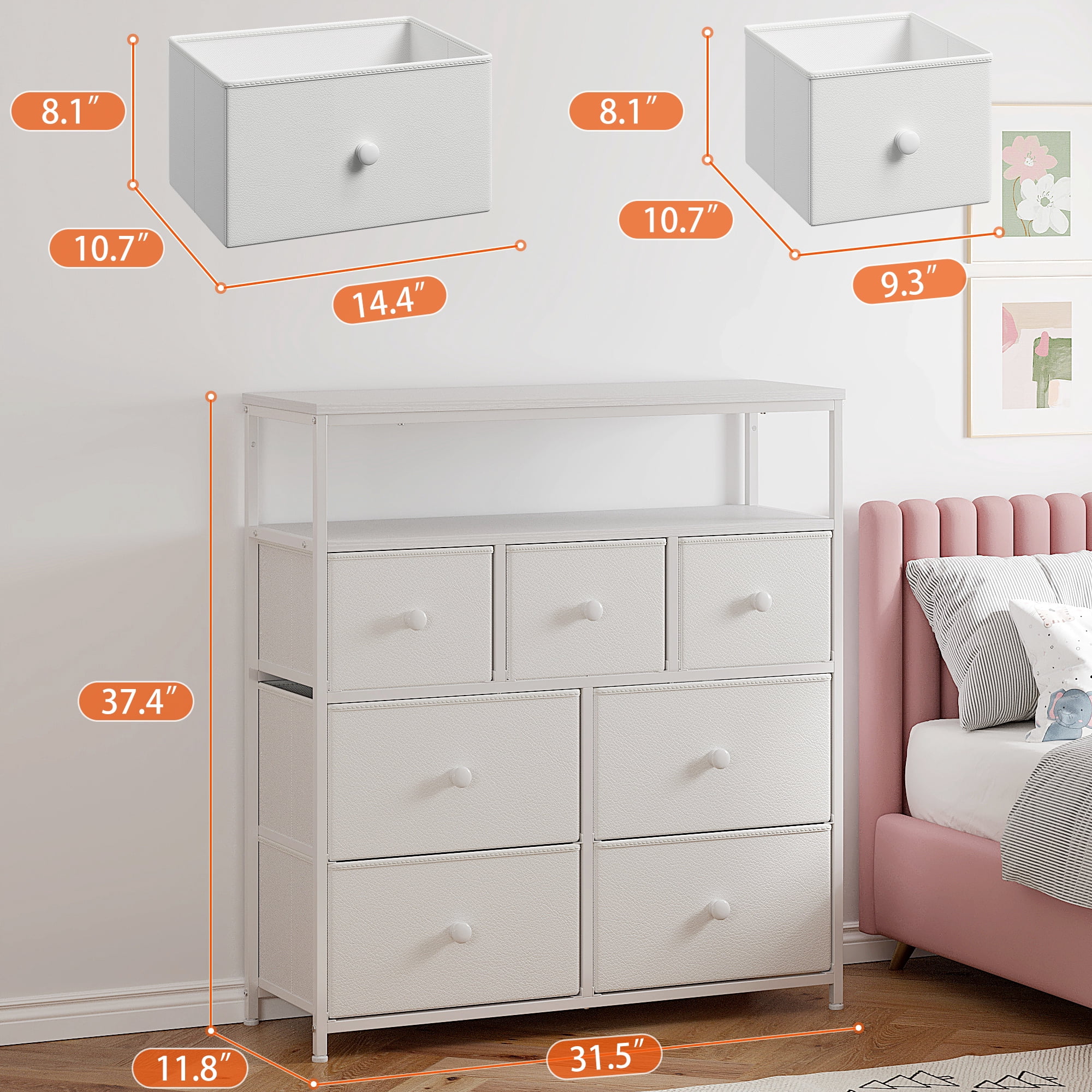 EnHomee White Dresser for Bedroom with 7 Drawers & 2 Shelves TV Stand Dresser with Wooden Top and Metal Frame Tall Dressers & Chest of Drawers for Closets Bedroom