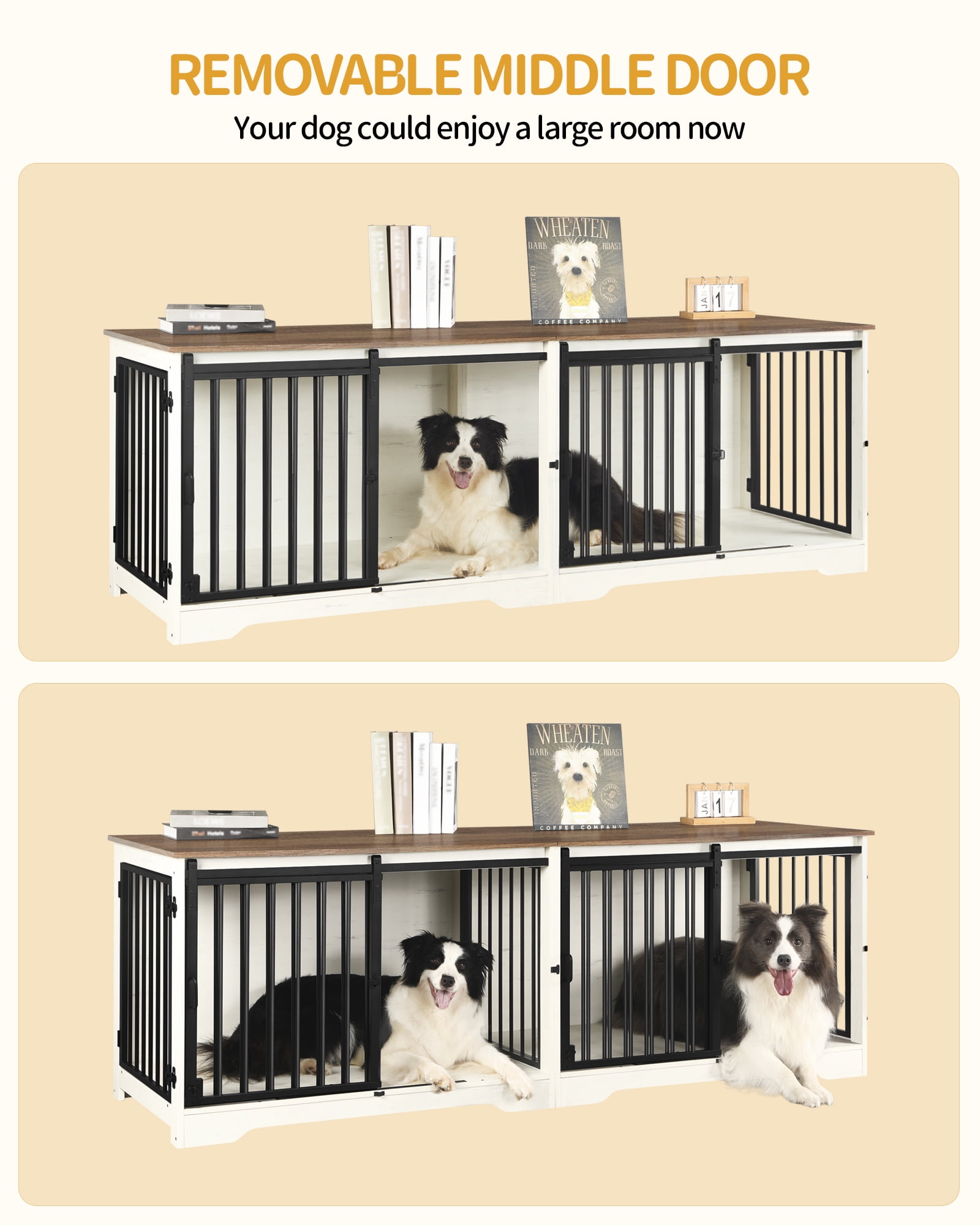 78" Dog Crate Furniture with Divider, Dog Crate Barn Door, Dog Kennel Indoor, Wood Dog Crate
