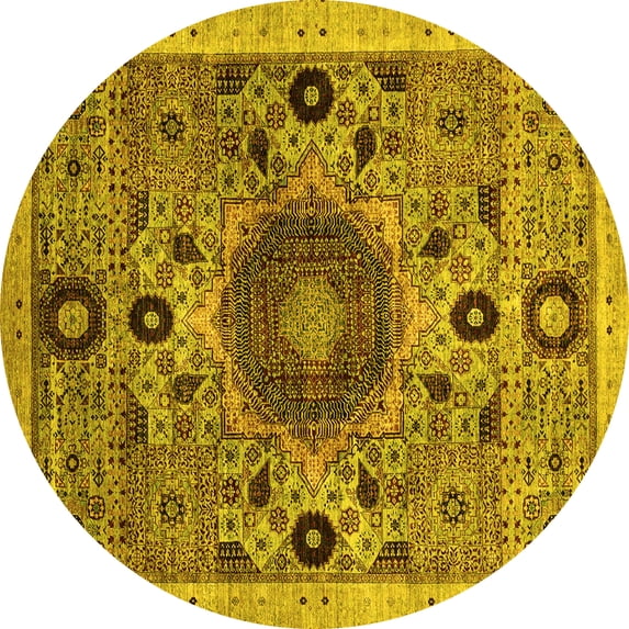 Ahgly Company Machine Washable Indoor Round Abstract Yellow Modern Area Rugs, 4' Round