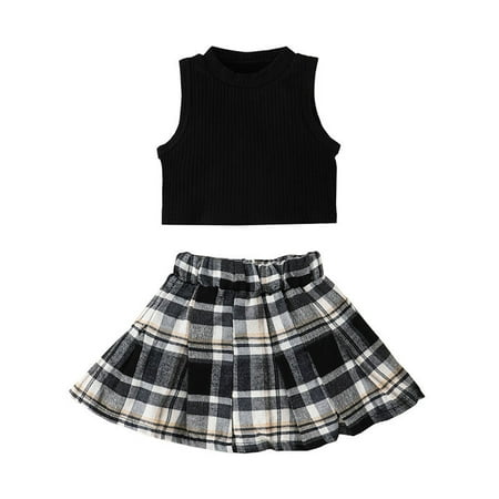 

B91xZ Baby Outfits For Girls Toddler Girls Winter Sleeveless Ribbed Tops Plaid Skirt 2pcs Outfits Outwear Fashion Size 12-18 Months