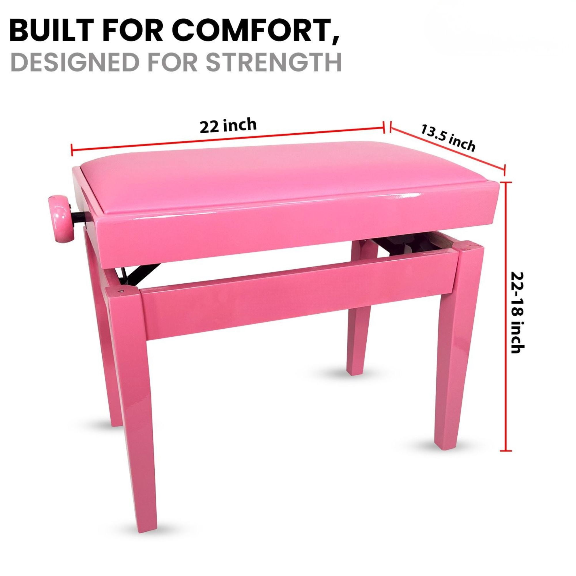 Adjustable Piano Bench - Padded Solid Wood Keyboard Stool (18"-22") - Pink