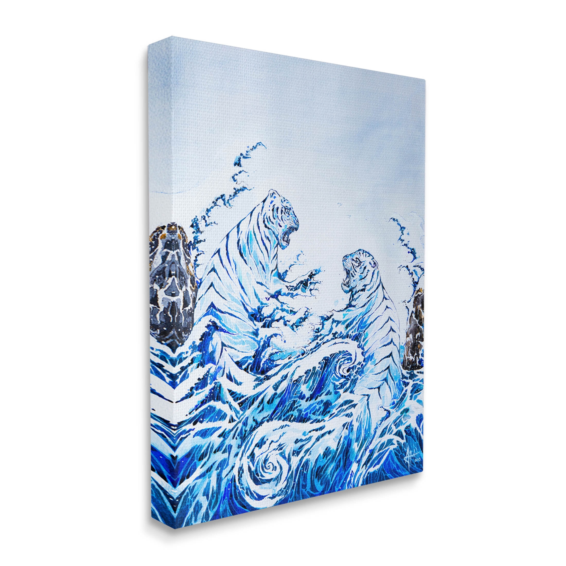 Dueling Tigers Ocean Waves Animals & Insects Painting Gallery Wrapped Canvas Print Wall Art