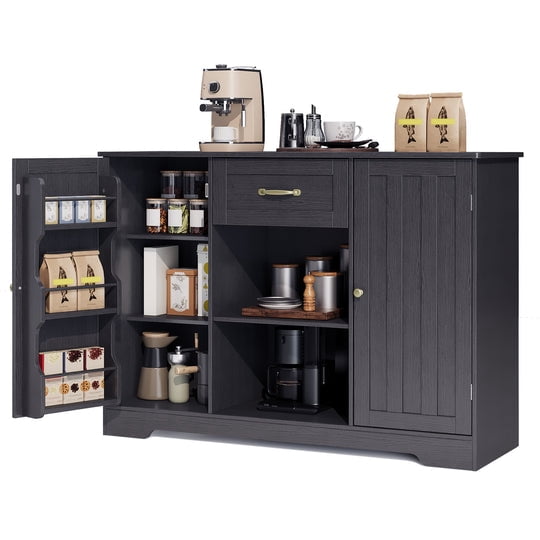 Coffee Bar, Aiho 45" Kitchen Storage Cabinet, Sideboard Buffet Cabinet with 14 Shelves, 1 Drawer - Black