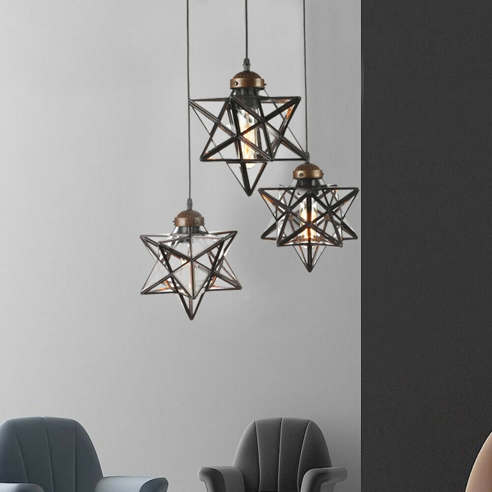 Miumaeov Moravian Star Pendant Light 3-Light Vintage Clear Glass Chandelier Star Hanging Lighting Fixture Adjustable Height for Kitchen Island Living Room Bedroom Brown