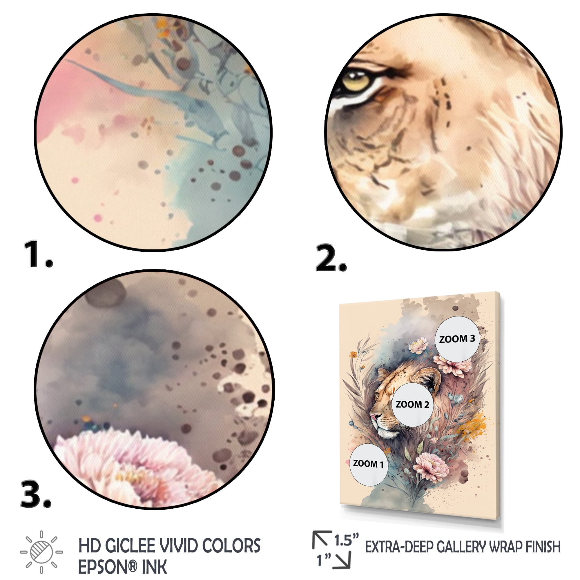 Designart Cute Lions Floral Art 3 Canvas Wall Art