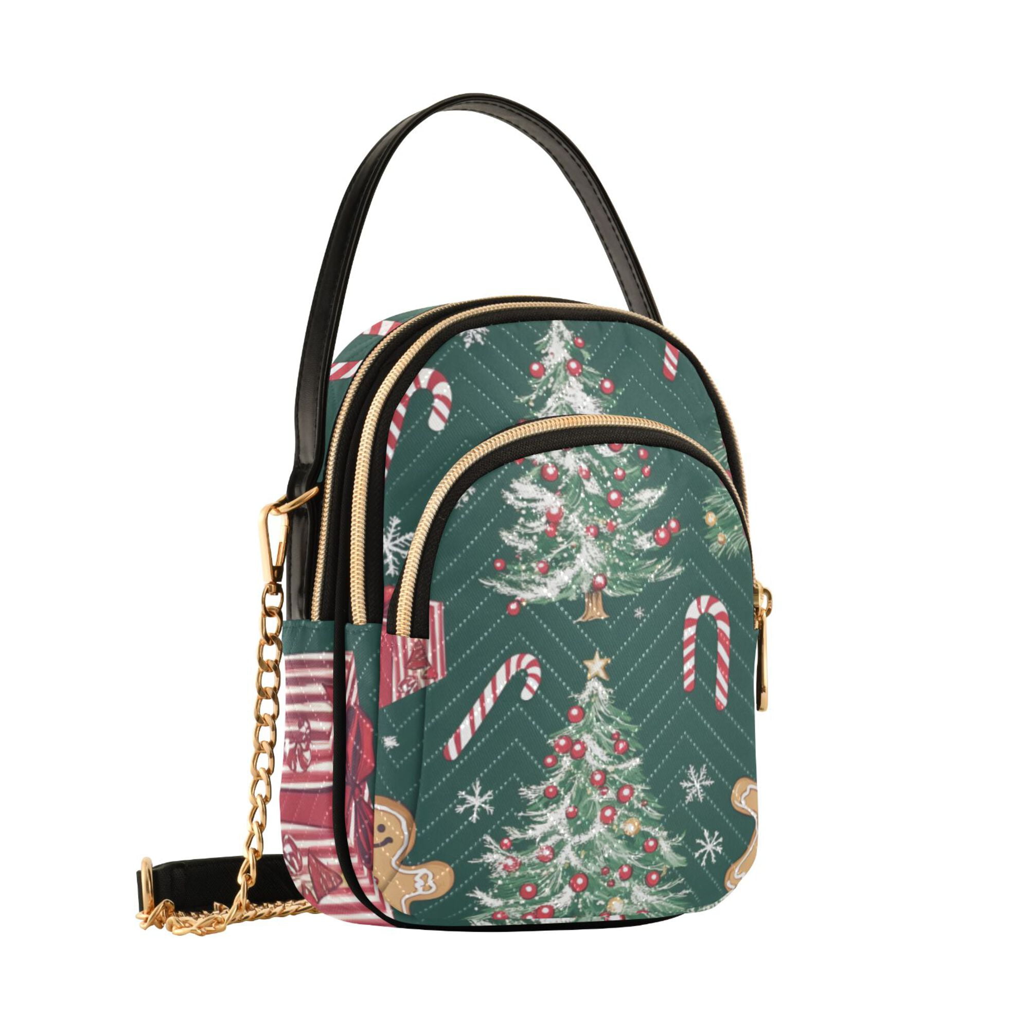 FORMRS Crossbody Bag for Women Quilted Travel Shoulder Cell Phone Purse with Chain Strap Handbag, Red Christmas Gingerbread