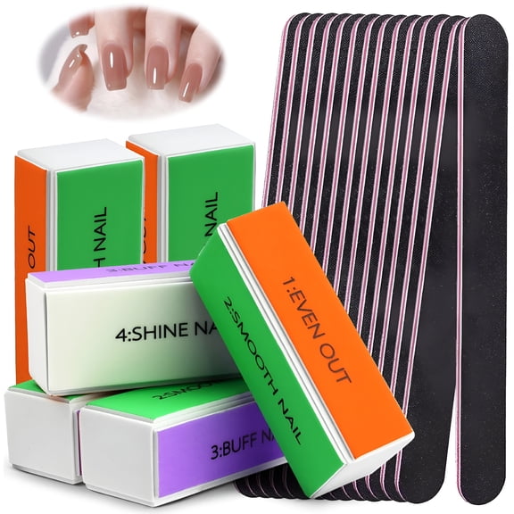 EXLEAF 4 Way Nail Buffer Block (6 pcs), Plus 10 Nail Files, Used for Nail Polishing, Nail Files and Buffers