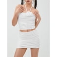 thumbnail image 4 of Yunliwuli Women Summer Skirts Outfits Solid Color 3D Flower Ruched Tie-Up Halter Neck Tank Tops Mini Skirts 2 Pieces Clothes Set, 4 of 10