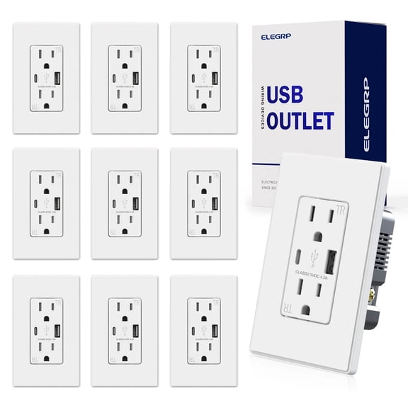 ELEGRP USB Charger Wall Outlet, USB Receptacle with Type A & Type C USB Ports, 15 Amp Duplex Tamper Resistant Receptacle, Wall Plate Included, UL Listed，White,10PC