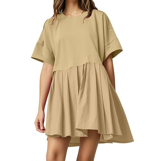 LOVZFMLL Robes d'Été pour Femmes Mignonnes Sans Manches/manches Courtes Col Rond à Volants Plissées Ligne A Fluides Mini Robes Amples Décontractées Tenues de Mode Kaki B m