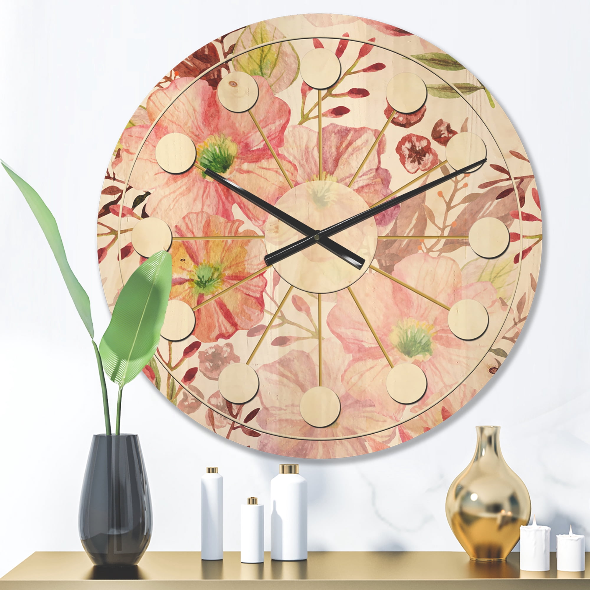 Designart 'Botanical Floral Retro III' Mid-Century Modern Wood Wall Clock