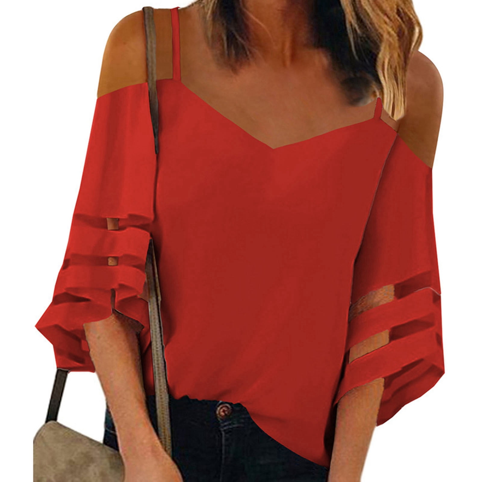 Women Summer T Shirt, Adjust Strap Polyurethane Pure Color Breathable Three  Quarter Bell Sleeves Loose Type Women Cold Shoulder Top For Beaches Red S -  Walmart.ca