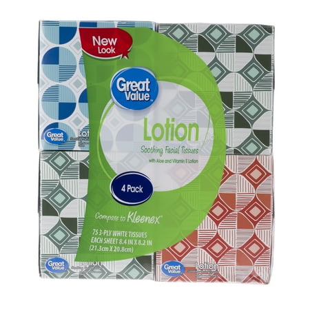 Great Value Lotion Soothing Facial Tissues, 4 Cube Boxes (300 Total Tissues)