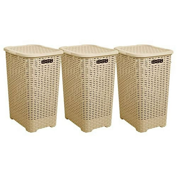 Superio 60L Large Wicker Plastic Laundry Hamper with Lid - Beige (3 Pack)