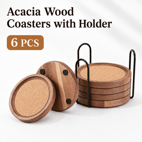 TAVENE Set of 6 Acacia Wood Coaster Sets, Rustic Farmhouse Wood Cork Coasters for Drinks Absorbent with Holder, Wooden Table Coasters for Coffee Table, Dining Table, Desk